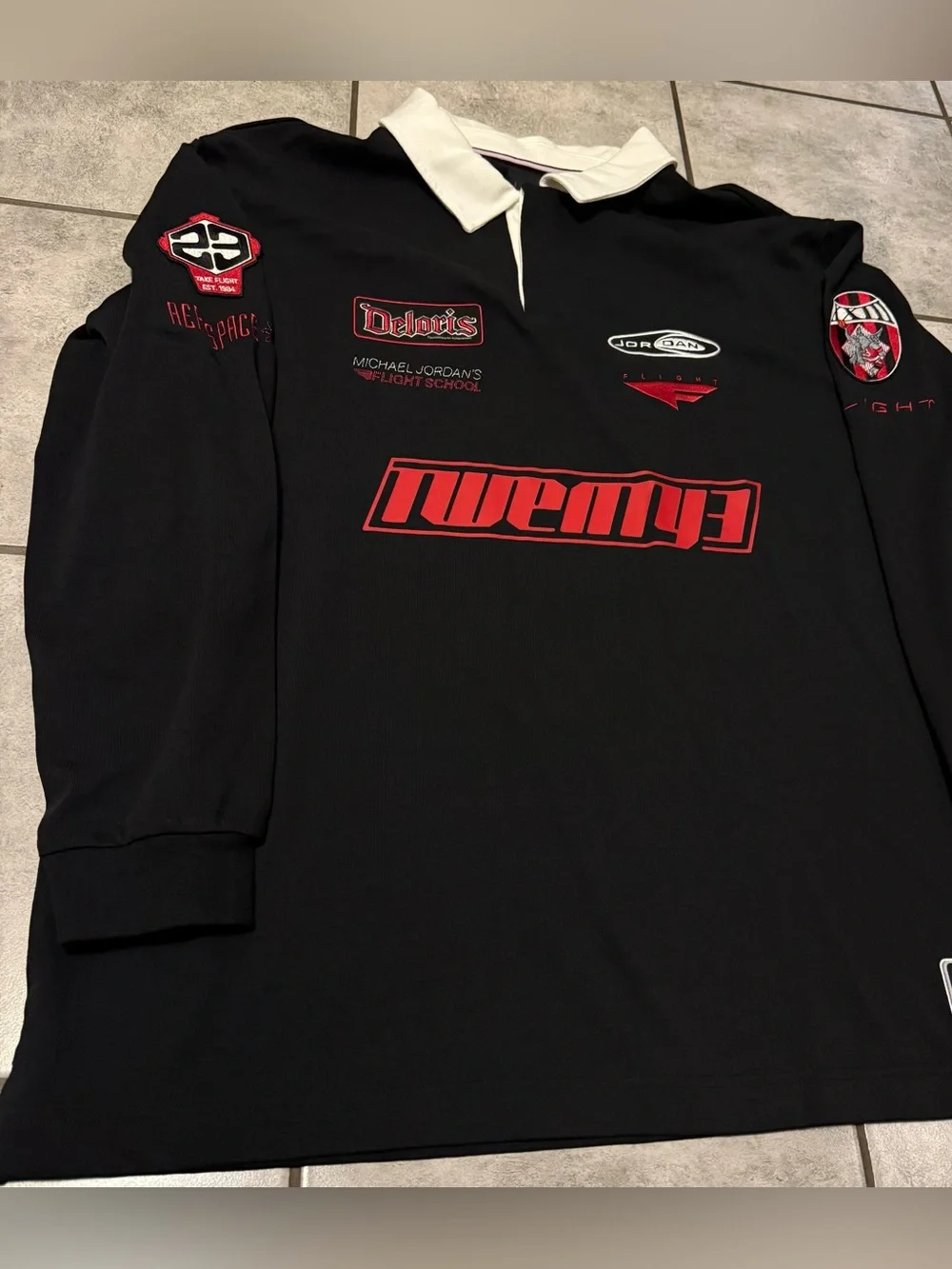 Nike Air Jordan Long Sleeve Patchwork Rugby Polo Shirt Size XL Black
